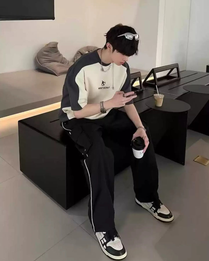 Back view of Beige Black Raglan Sleeve Oversized T-Shirt