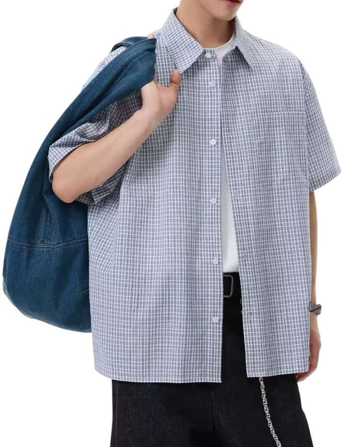 STEP BLOCK MT560 Plaid Checkered Short Sleeve Button-Up Shirt