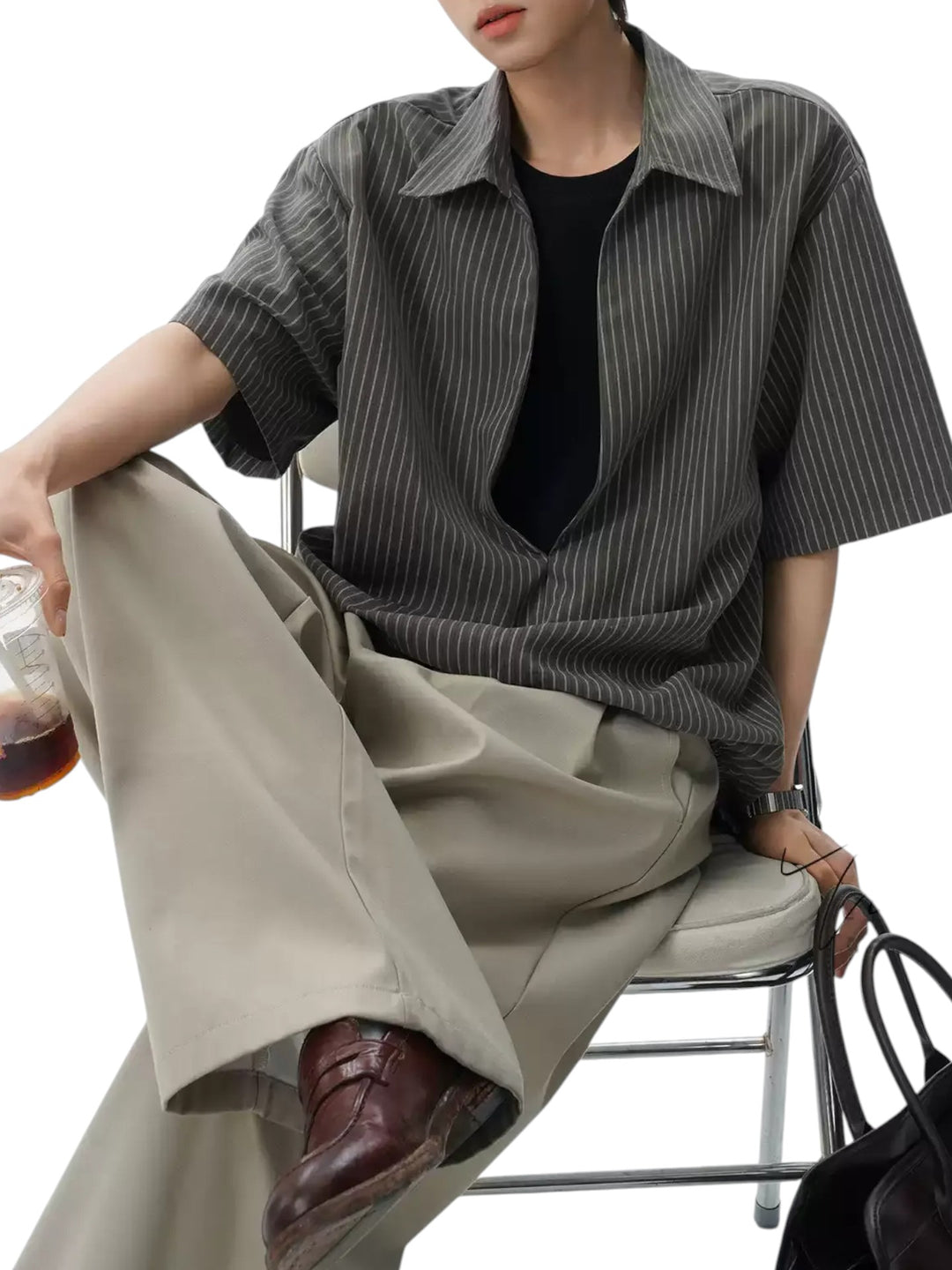 STEP BLOCK MT562 Retro Striped Texture Short Sleeve Button-Up Shirt