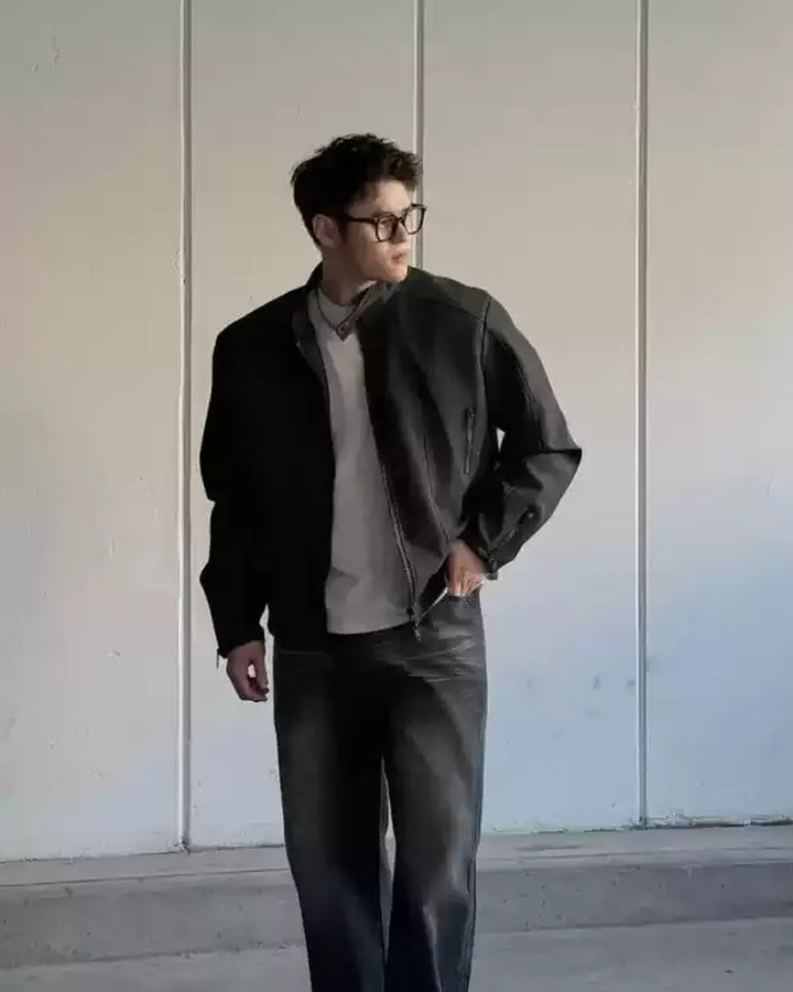 BRYNOR Minimalist Stand Collar Washed Zip-Up Harrington Jacket product photo