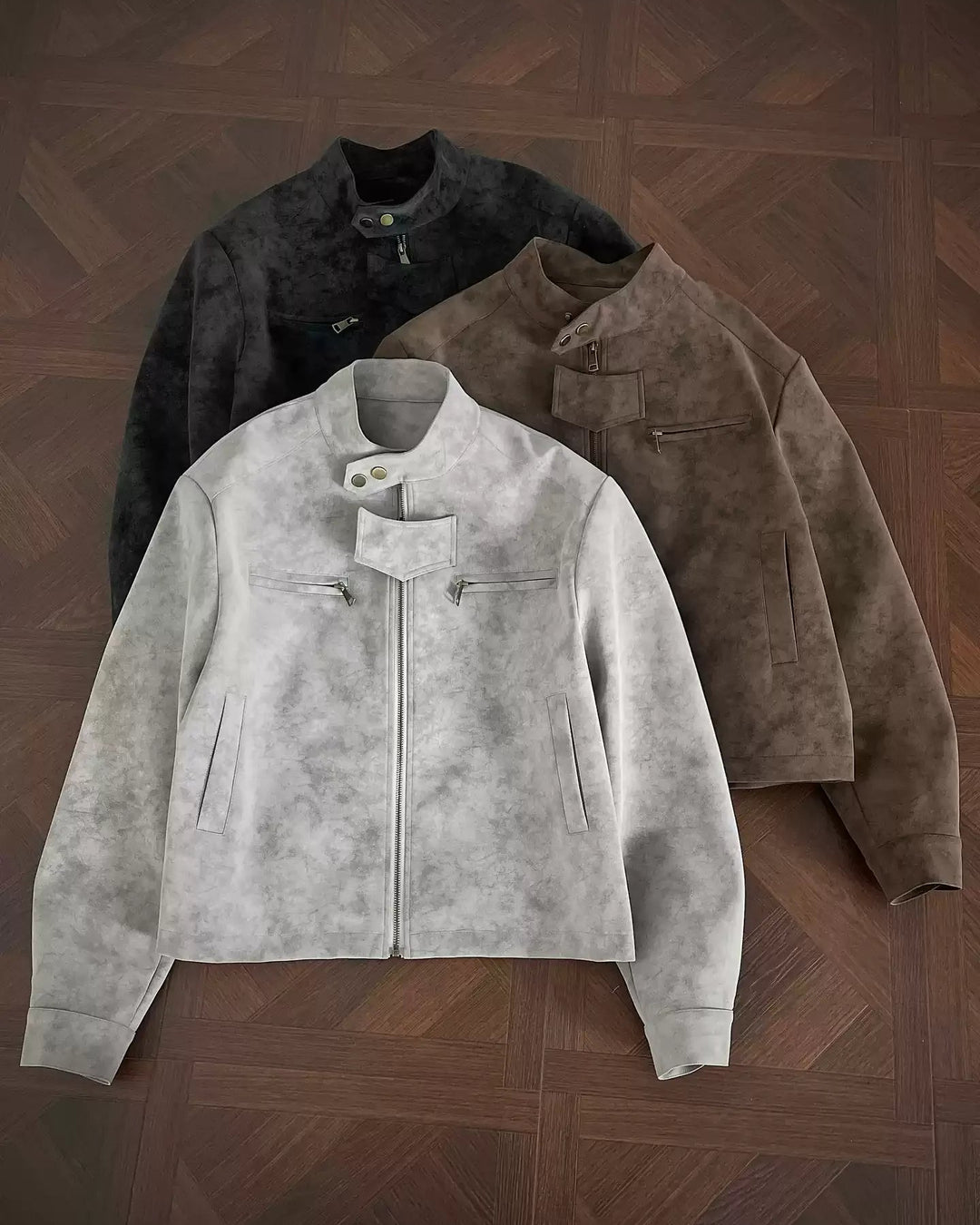 Back view of Washed Distressed Minimalist Stand Collar Workwear Jacket