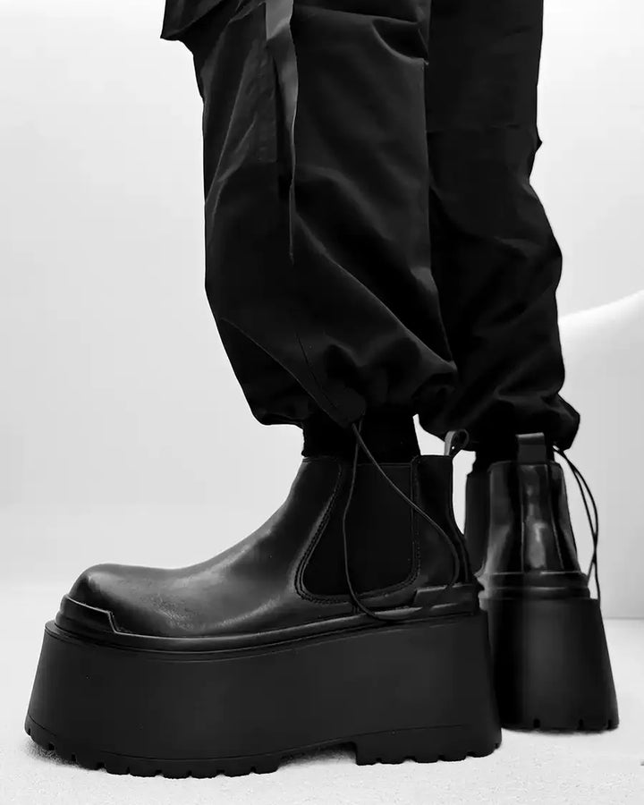Front view of Black Leather Chunky Platform Chelsea Shoes