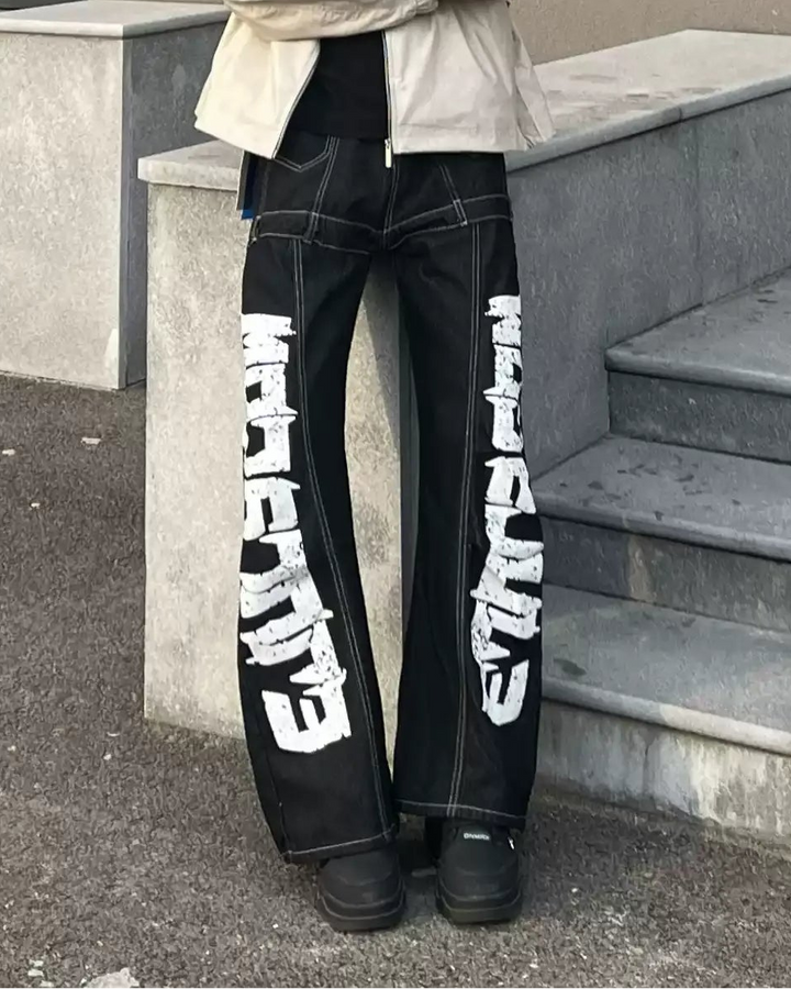 Side Text Embroidered Baggy Jeans