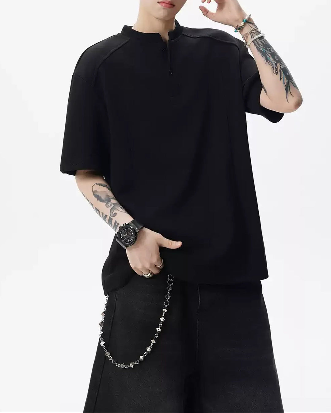 Lifestyle styling view of Henley Neck Oversized T-Shirt