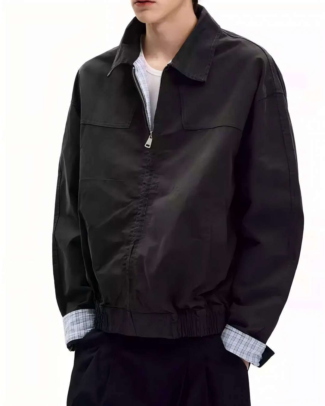 STEP BLOCK ST018 Contrast Cuff Minimalist Zip-Up Workwear Harrington Jacket