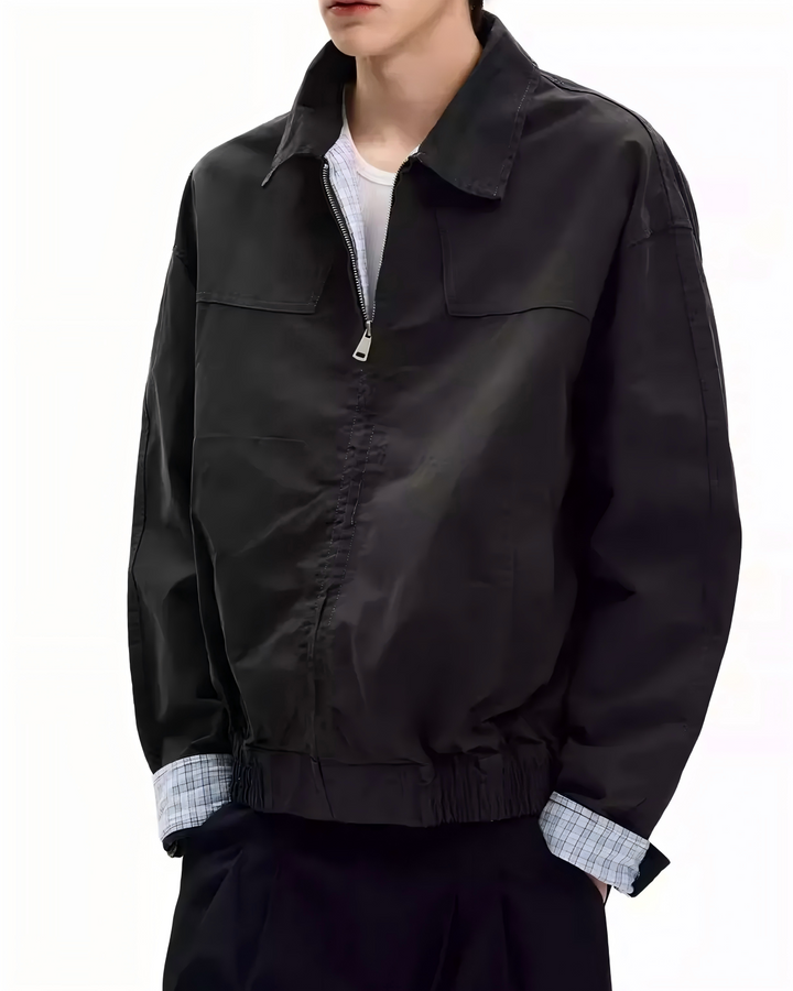 STEP BLOCK ST018 Contrast Cuff Minimalist Zip-Up Workwear Harrington Jacket