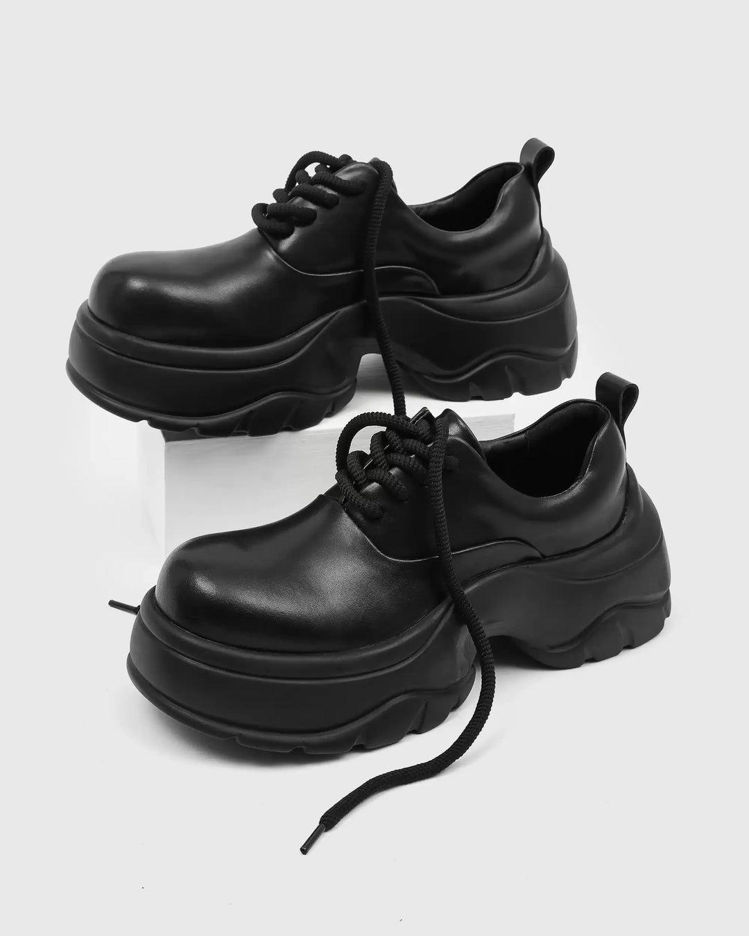 Front view of Black Leather Chunky Platform Shoes