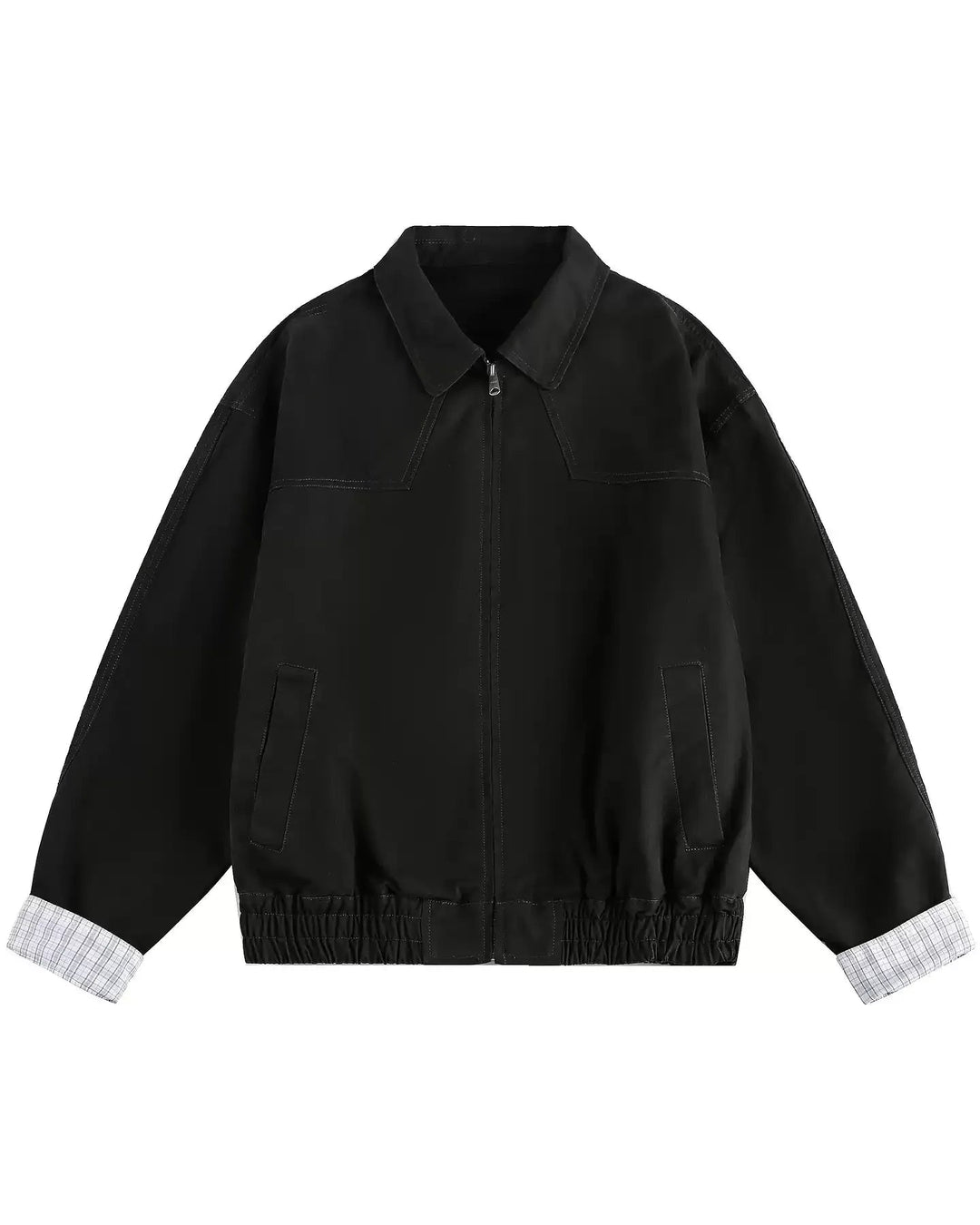 Back view of Contrast Cuff Minimalist Zip-Up Workwear Harrington Jacket