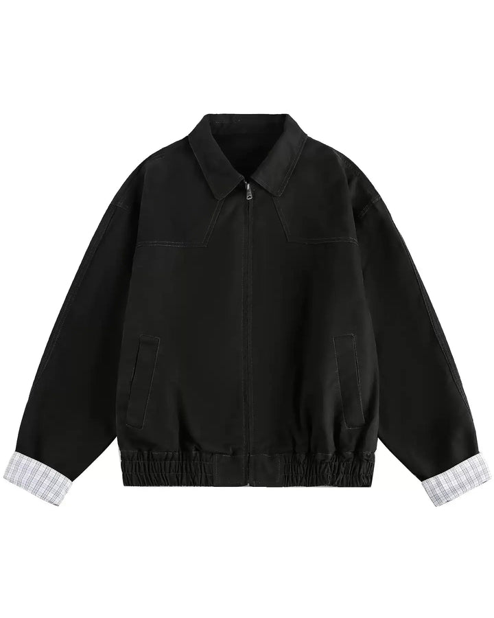 Back view of Contrast Cuff Minimalist Zip-Up Workwear Harrington Jacket