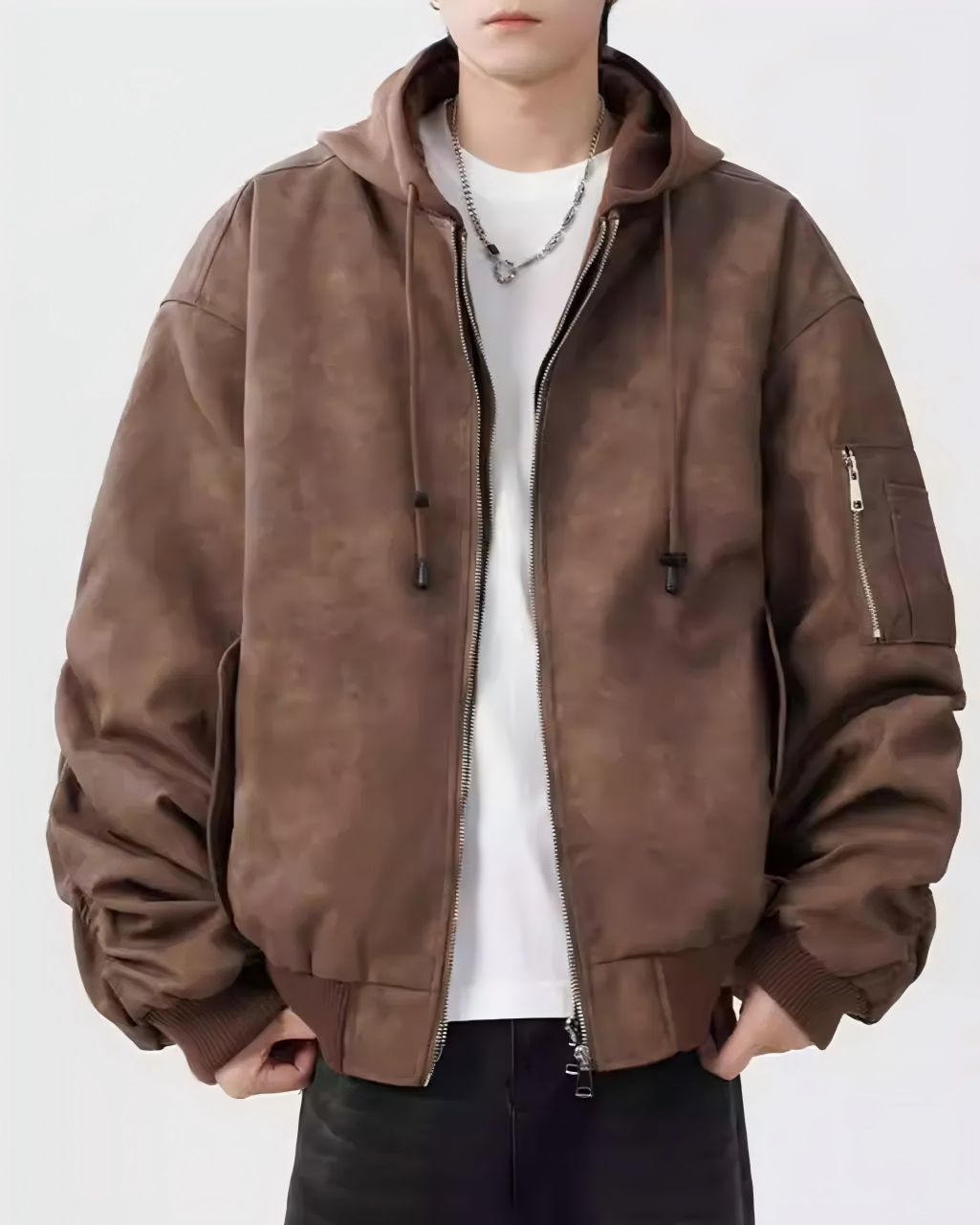 STEP BLOCK ST039 Washed Distressed Faux Leather Oversized Bomber Jacket