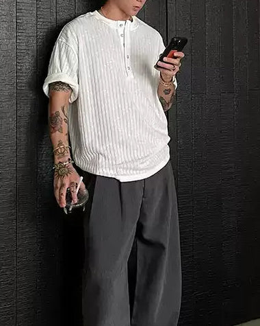 Side view of Ribbed Henley Neck Oversized T-Shirt