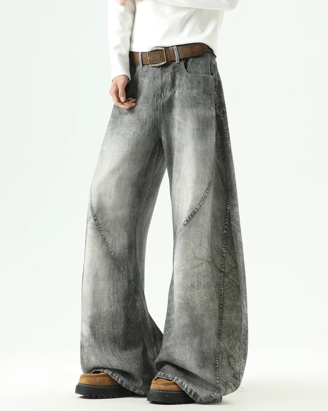 Grey Washed Baggy Flare Jeans