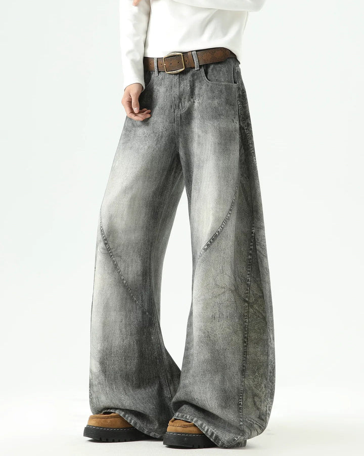Grey Washed Baggy Flare Jeans