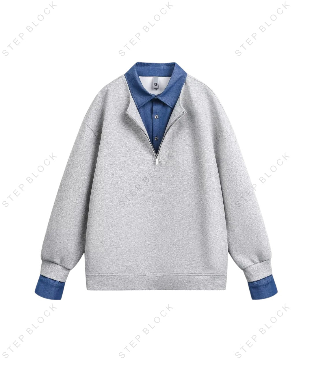 STEP BLOCK ST009 Faux Layered Denim Collar Half-Zip Sweater