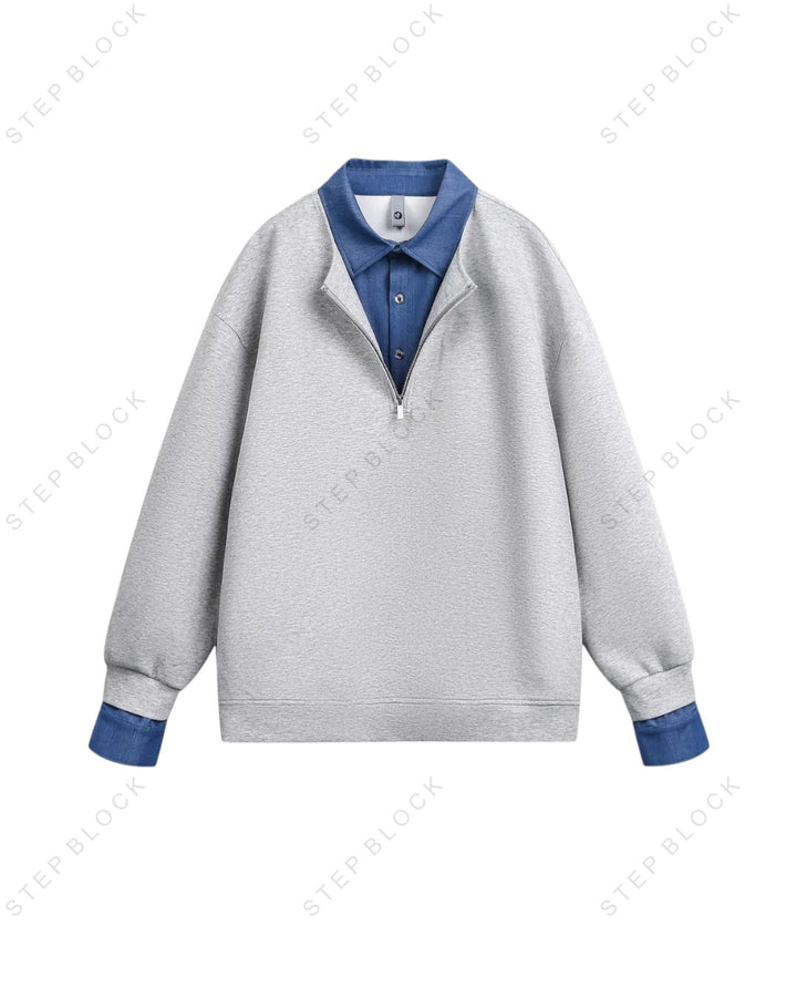 STEP BLOCK ST009 Faux Layered Denim Collar Half-Zip Sweater
