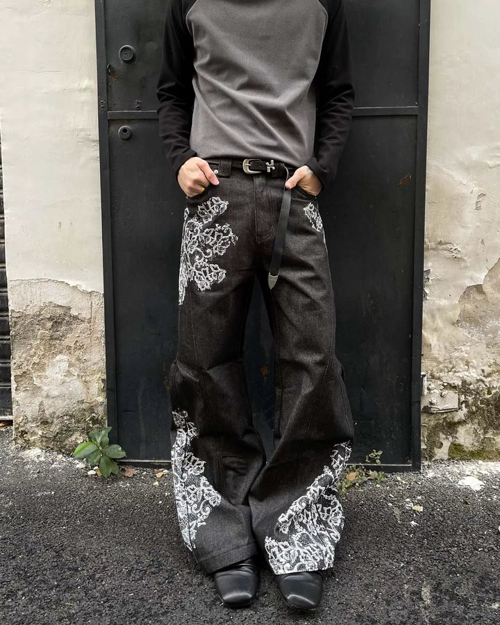 Floral Embroidered Black Baggy Jeans