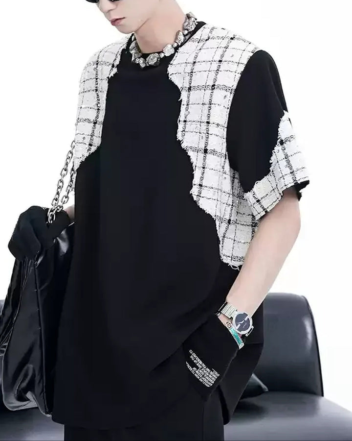 Front view of Two-tone Tweed Patchwork T-Shirt