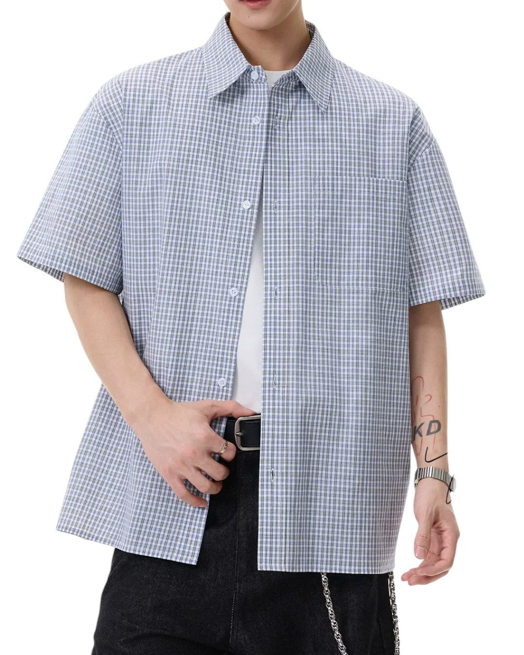 STEP BLOCK MT560 Plaid Checkered Short Sleeve Button-Up Shirt