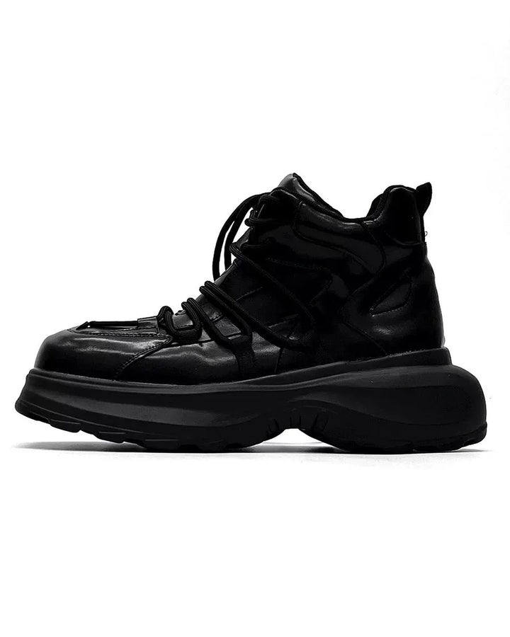 Close-up sole detail of Black Leather High-Top Chunky Platform Shoes