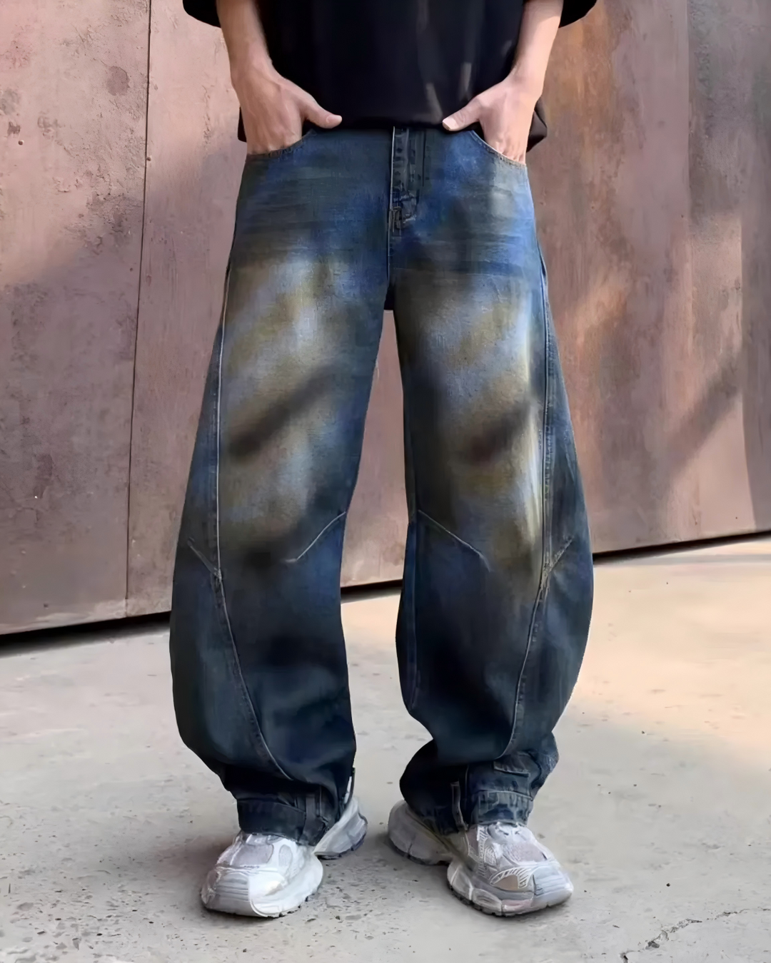 STEP BLOCK MT025 Vintage Washed Baggy Jeans