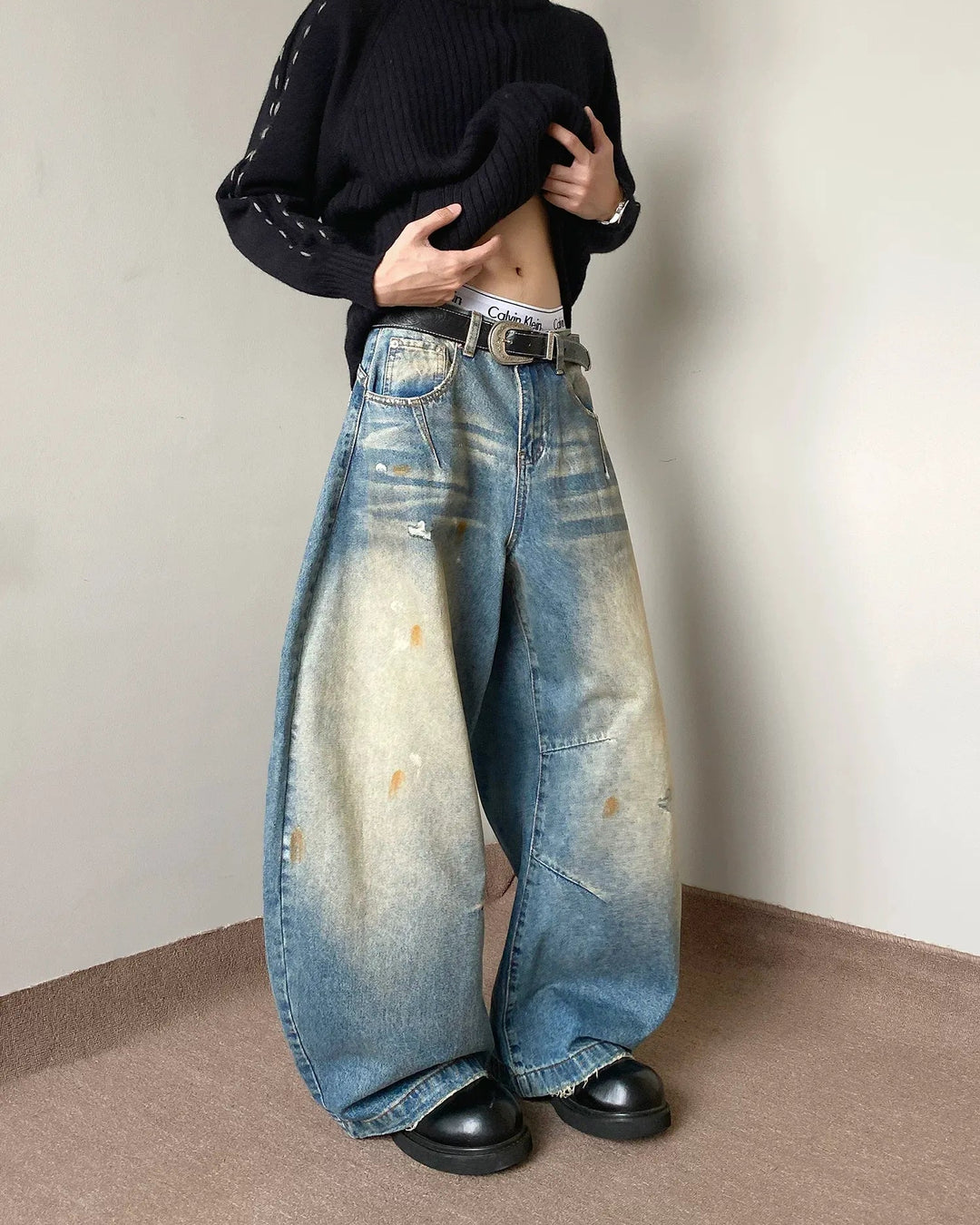 Oil Stained Distressed Baggy Jeans