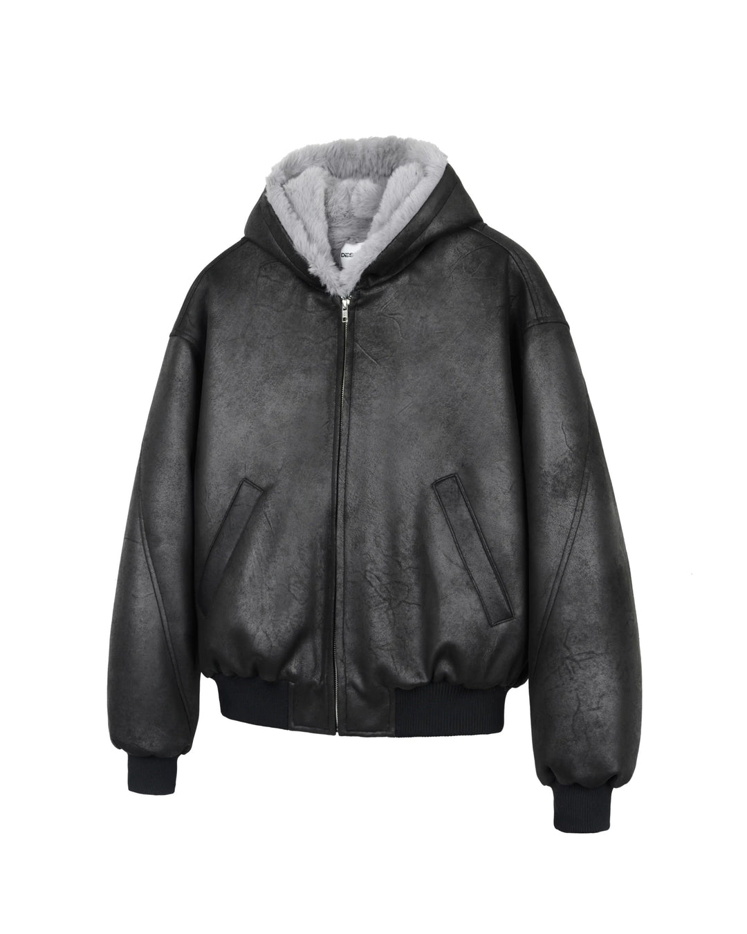 Side view of Reversible Shearling Lined Faux Leather Hooded Bomber Jacket