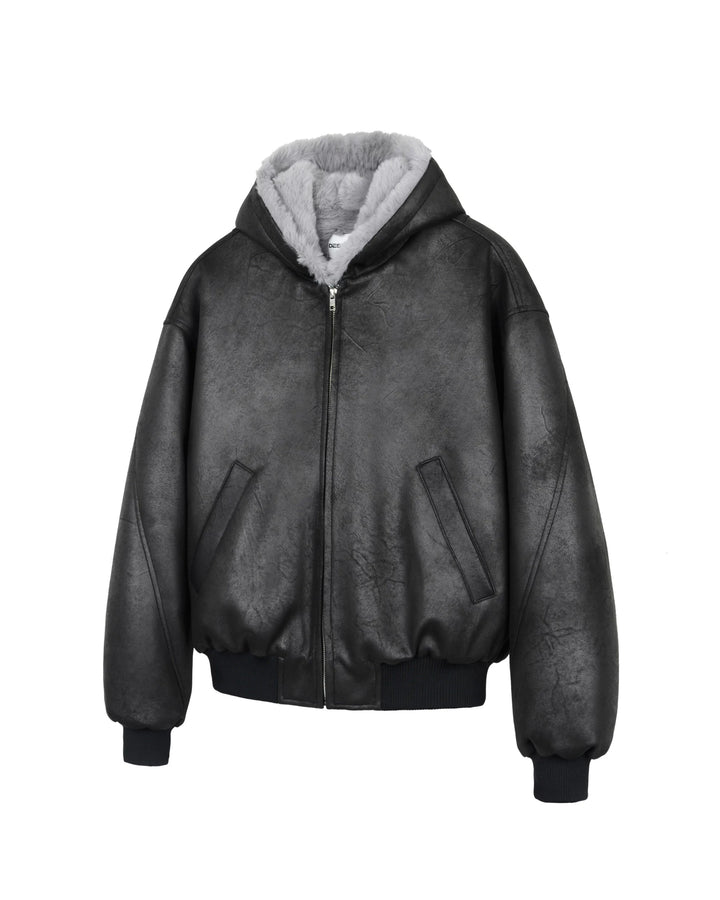 Side view of Reversible Shearling Lined Faux Leather Hooded Bomber Jacket