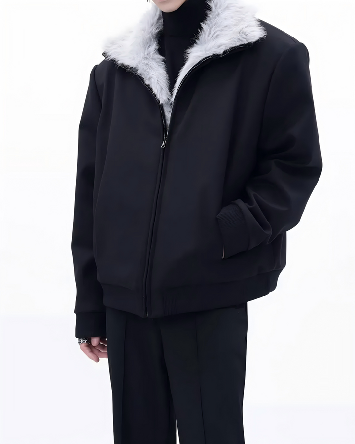 STEP BLOCK ST044 Reversible Shearling Lined Ribbed Collar Bomber Jacket