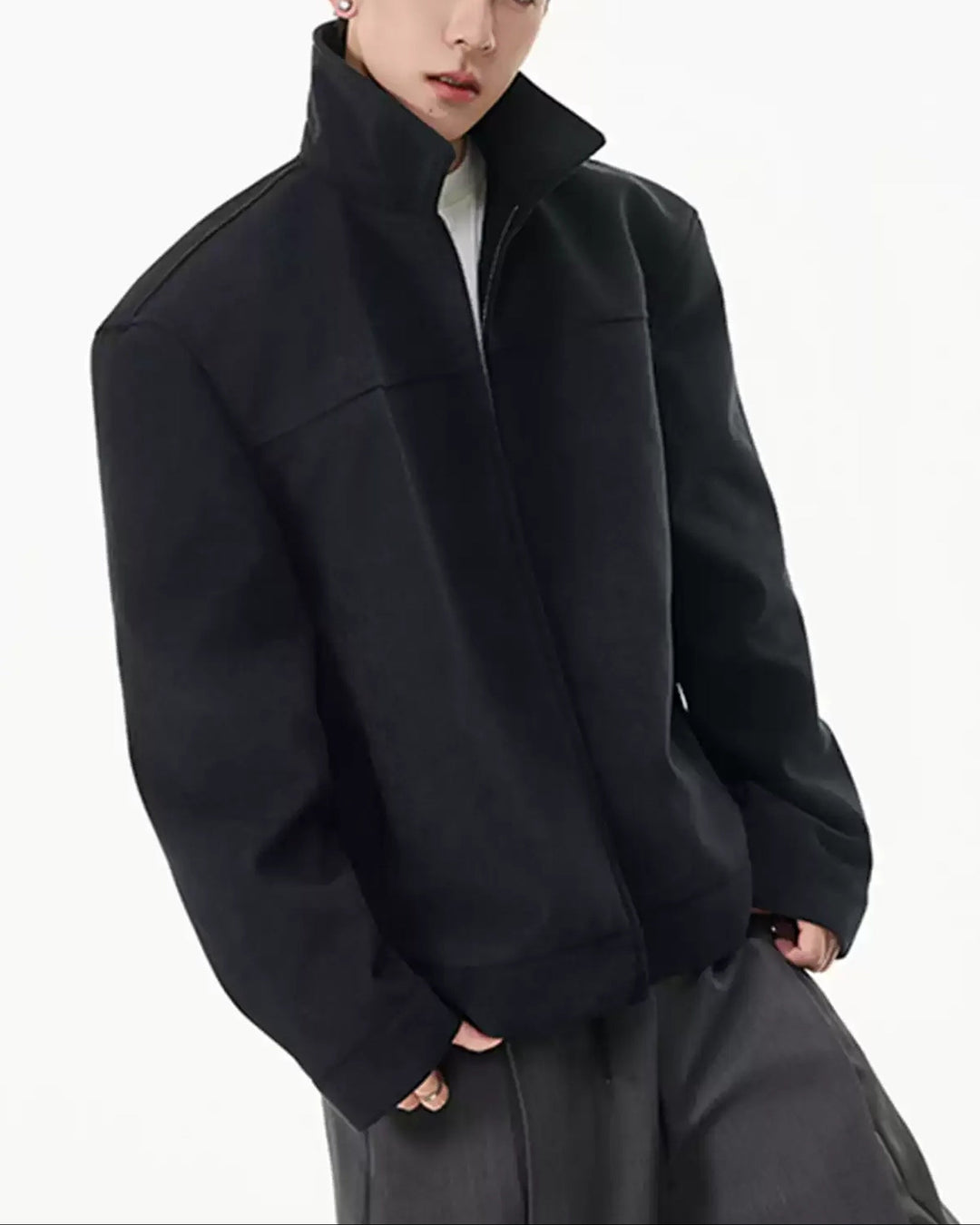 Side view of Washed Suede-Like Stand Collar Oversized Workwear Jacket