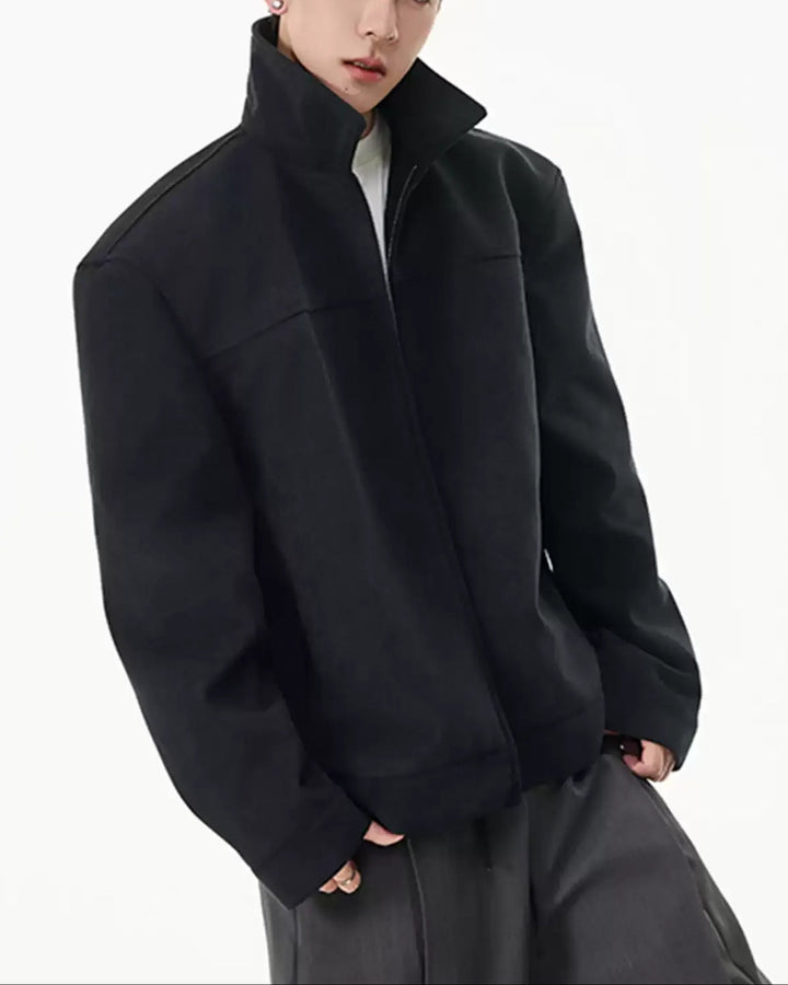 Side view of Washed Suede-Like Stand Collar Oversized Workwear Jacket