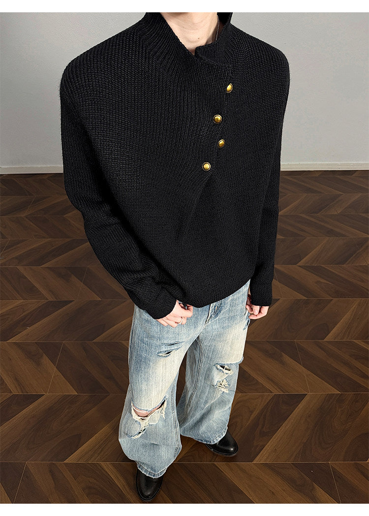 Asymmetric-button knit sweater, front view of the black sweater