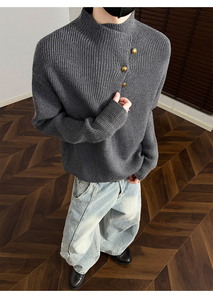 Asymmetric-button knit sweater, angled view of the gray sweater