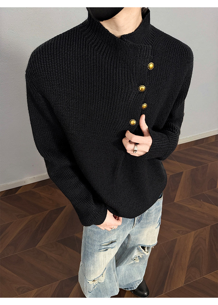 Asymmetric-button knit sweater, front view of the black knit sweater