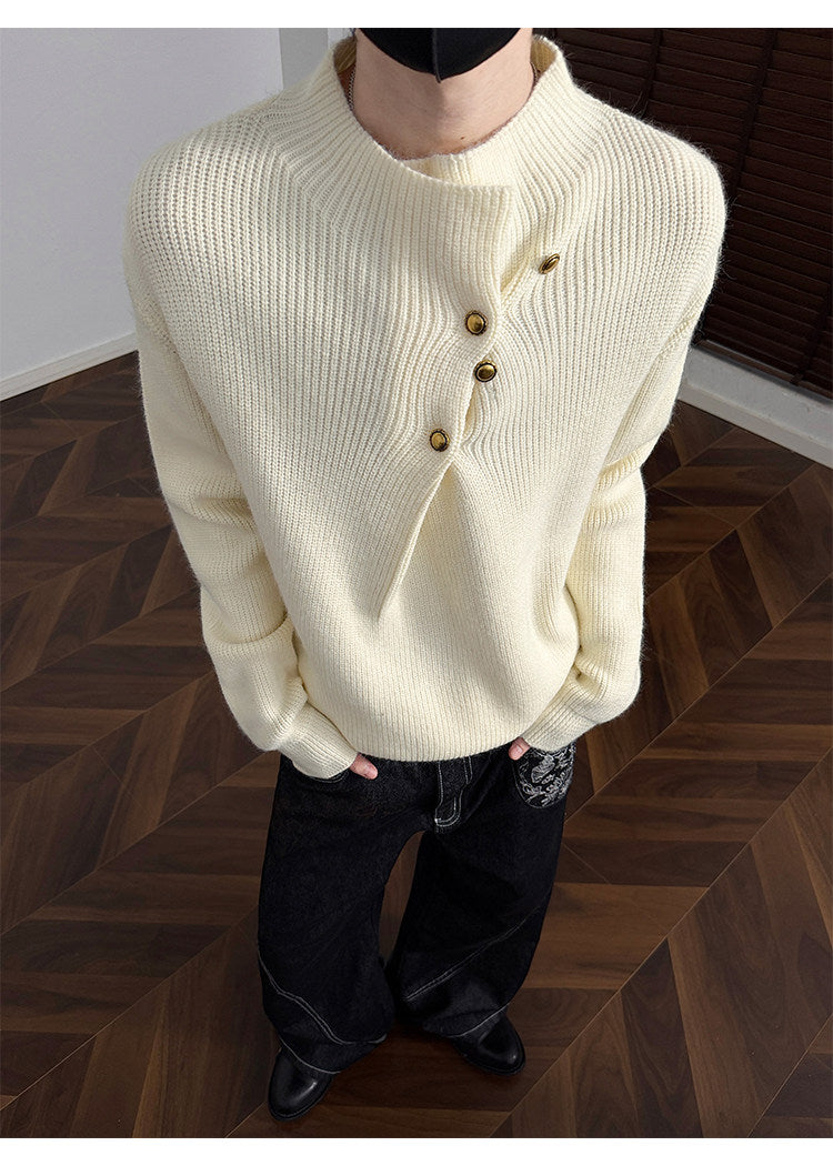 Asymmetric-button knit sweater, front view of the cream knit sweater