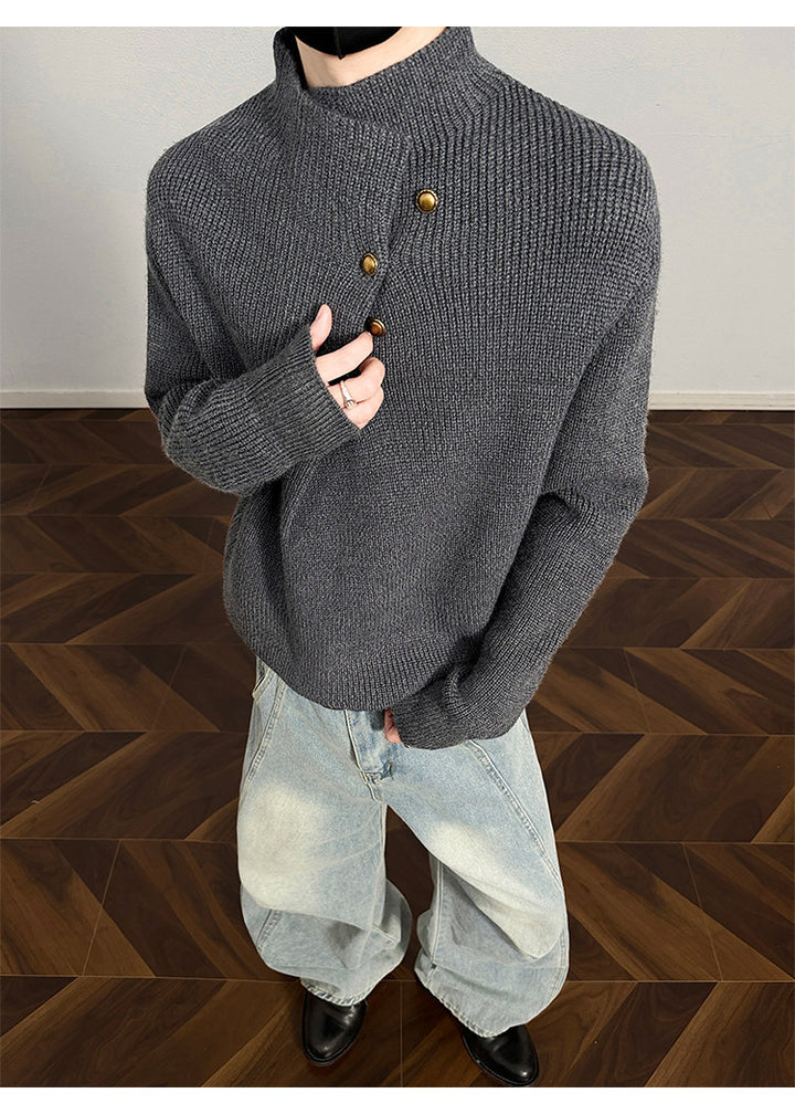 Asymmetric-button knit sweater, front view of the gray knit sweater