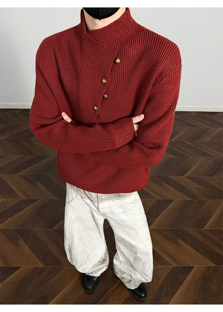 Asymmetric-button knit sweater, front view showing the asymmetric button row
