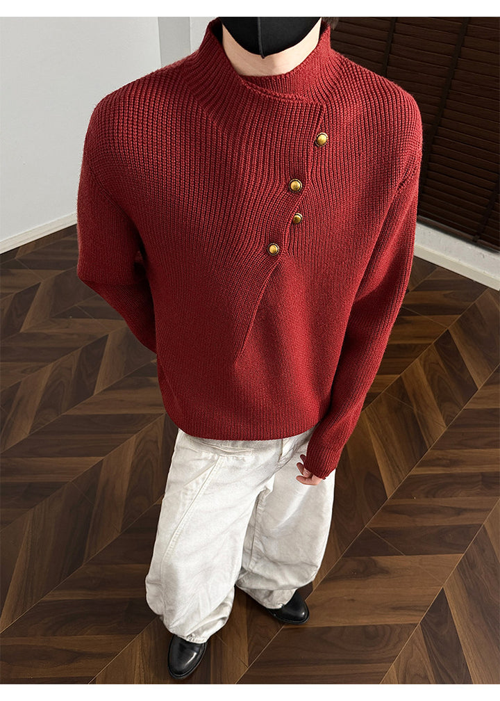 Asymmetric-button knit sweater, front view of the red sweater
