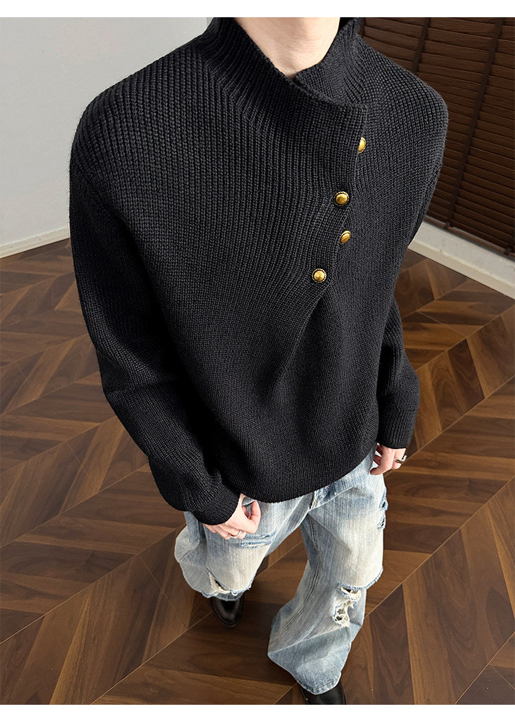 Asymmetric-button knit sweater, angled view of the black sweater