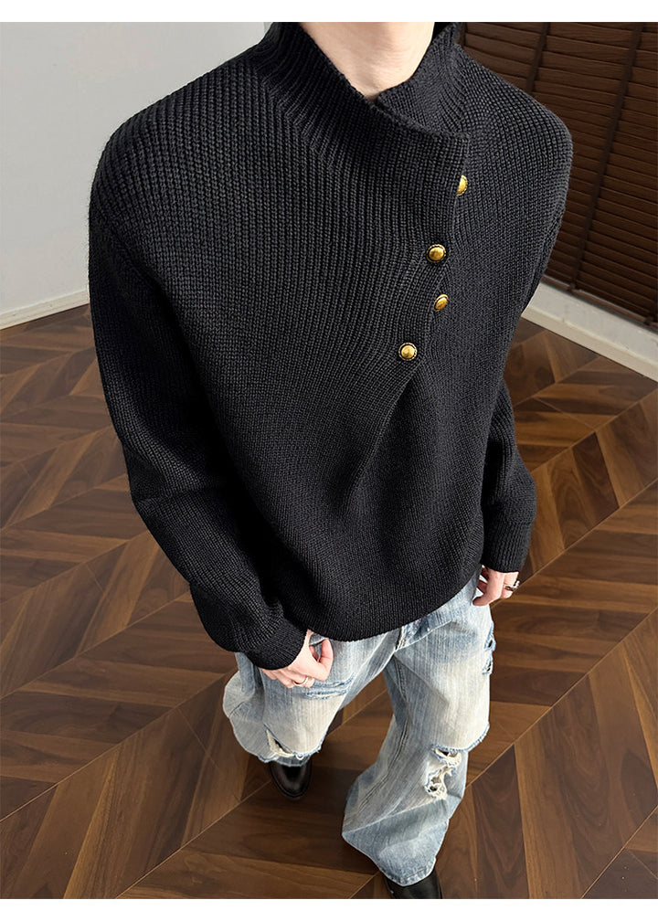Asymmetric-button knit sweater, angled view of the black sweater
