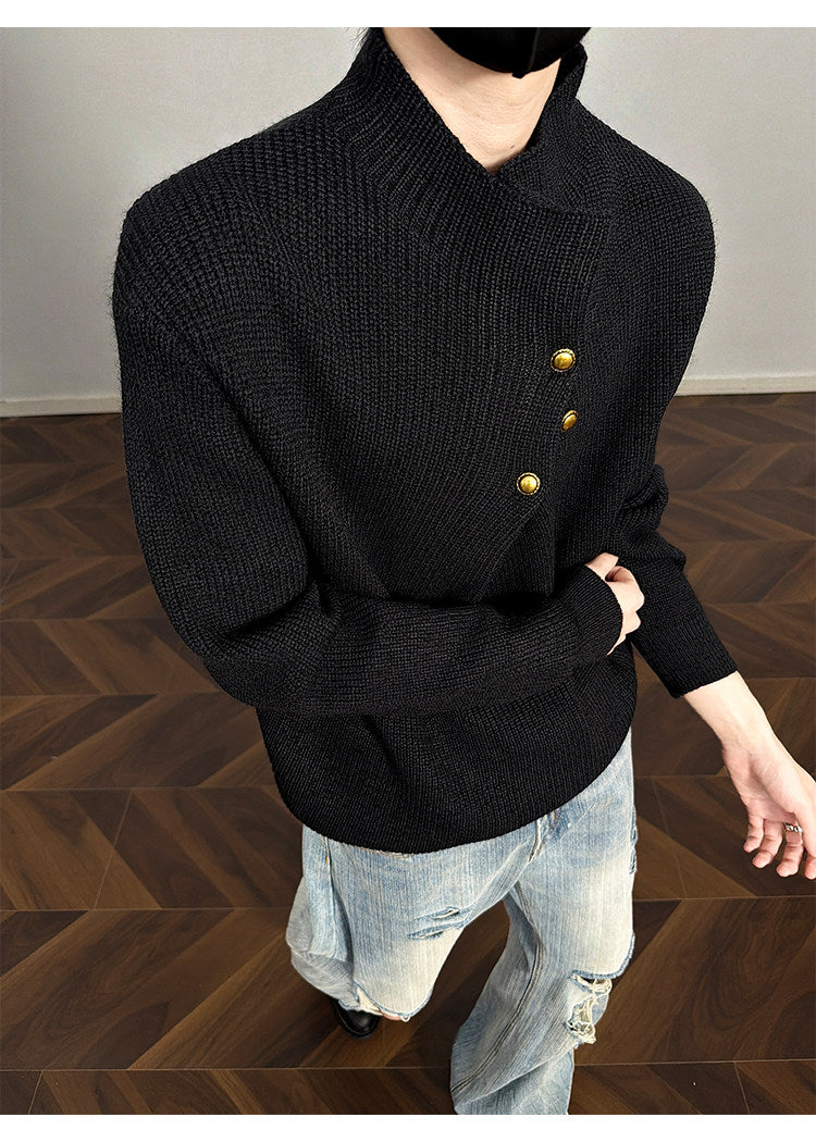 Asymmetric-button knit sweater, front view showing the black button row