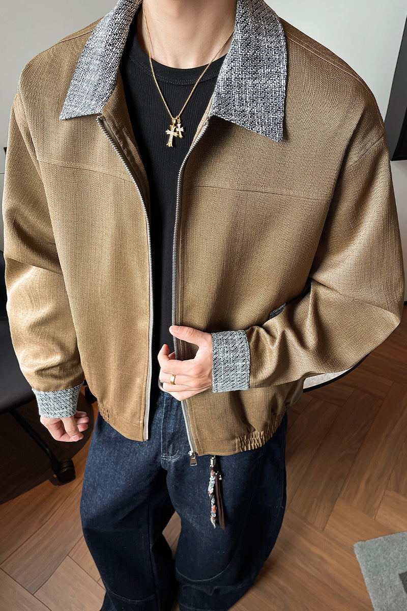 Contrast-collar zip jacket, front view of the brown contrast-collar jacket