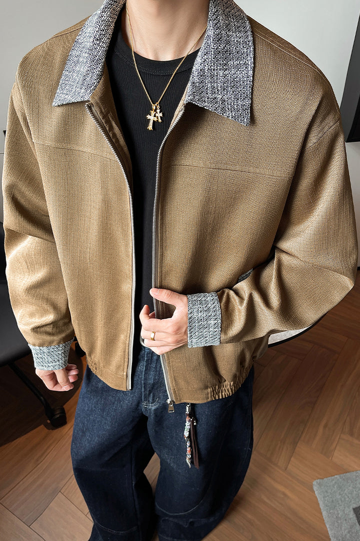 Contrast-collar zip jacket, front view of the brown contrast-collar jacket