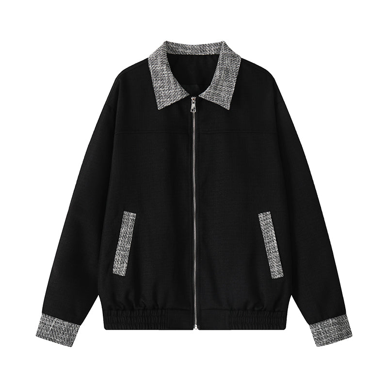 Contrast-collar zip jacket, flat-lay view of the black jacket