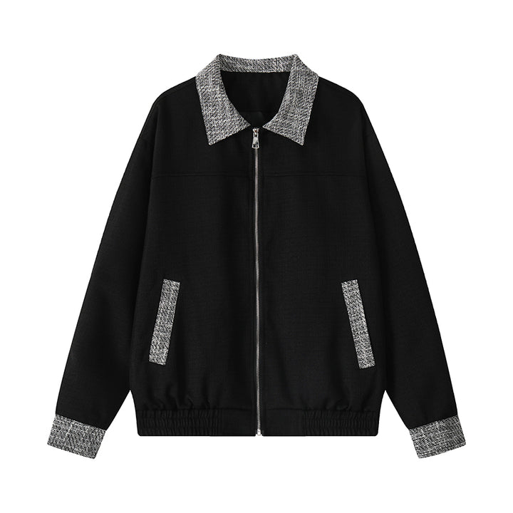 Contrast-collar zip jacket, flat-lay view of the black jacket