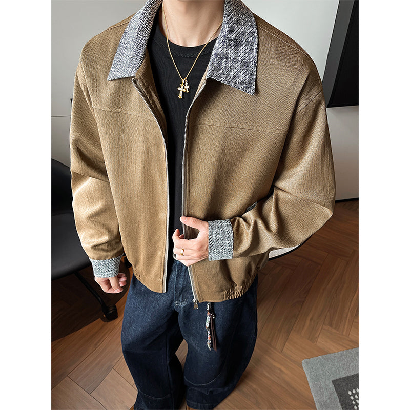 Contrast-collar zip jacket, front view showing the checked collar