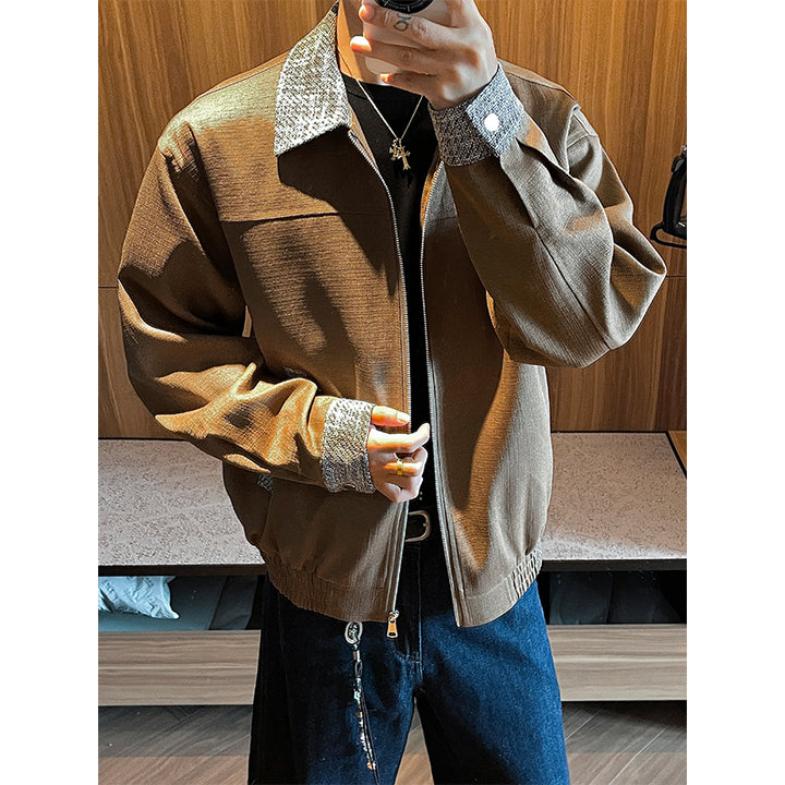 Contrast-collar zip jacket, angled view of the brown jacket