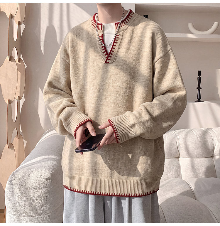Contrast-trim V-neck sweater, front view of the cream V-neck sweater