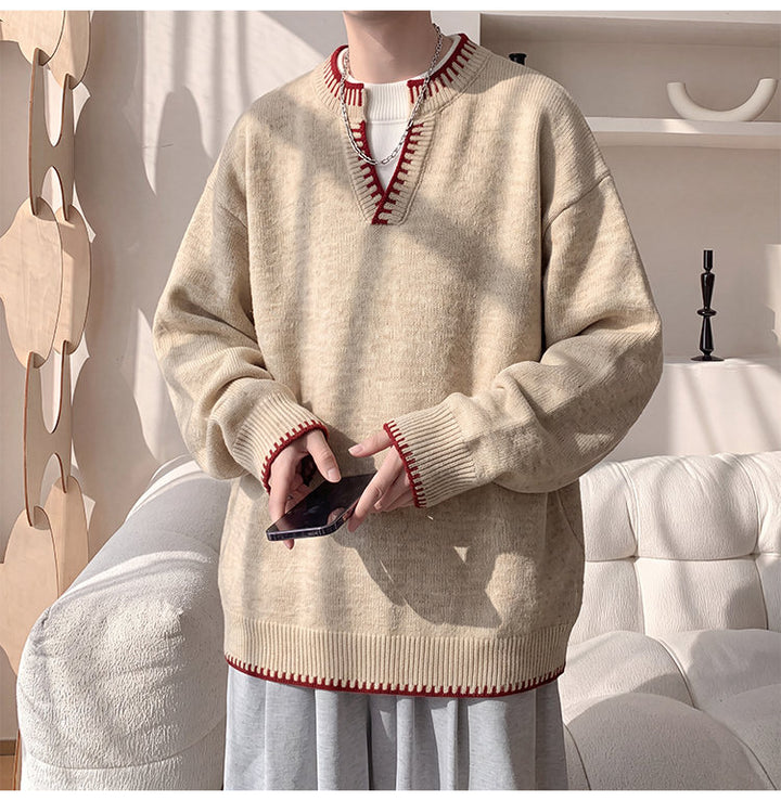Contrast-trim V-neck sweater, front view of the cream V-neck sweater