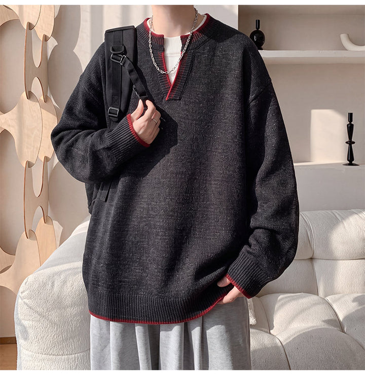 Contrast-trim V-neck sweater, front view of the charcoal sweater