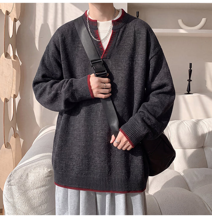 Contrast-trim V-neck sweater, front view of the charcoal V-neck sweater